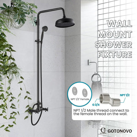 Exposed Wall Mount Shower Faucet Set With 8 Inch Rain Showerhead Brass Handheld Spray Double Cross Handles Oil Rubbed Bronze Finish 2 Function Diverter Top Notch Brass Construction displayed in a modern bathroom setting with installation details.