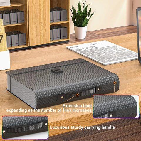 Grab And Go Expandable Accordion File Folder Boasting 25 Roomy Pockets A Heavy Duty Plastic Carry Handle on wooden desk