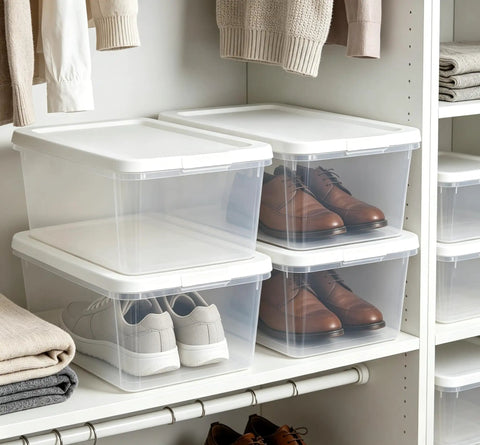 Top Tier Clear Plastic Storage Containers With Tight Snap On Lids Set Of Ten Real Deal Organizers For Home Closets Kitchen Pantry And Garage Must Haves with shoes.