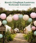 Rustic entrance with 12 Pack Camp Bachelorette Paper Lanterns Set in Gingham Green Tan Pink at a camping site