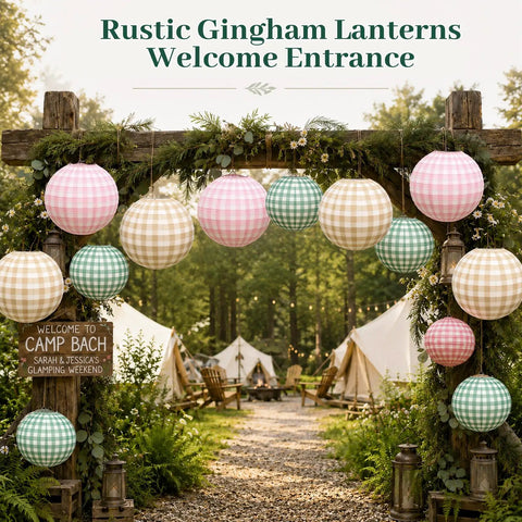 Rustic entrance with 12 Pack Camp Bachelorette Paper Lanterns Set in Gingham Green Tan Pink at a camping site