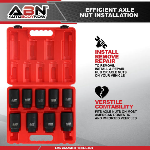 Red case with 9-piece 1/2 Inch Drive 6-Point Go-To Thin Wall Axle Nut Socket Set, sizes from 29mm to 33mm for American and import cars.