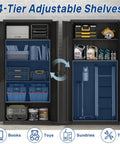 72 Inch Tall Metal Garage Storage Cabinet With Lock, open doors showing four adjustable shelves, steel, black