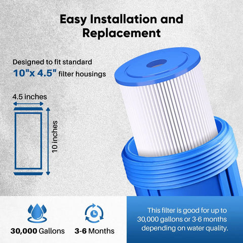 5 Micron Well Water Whole House Pleated Sediment Filter 10x4.5 Inch close-up with installation details