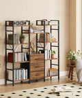 Industrial Rustic 47 Inch Wide Bookcase With Ten Display Shelves And Hidden Fabric Drawers in living room setting