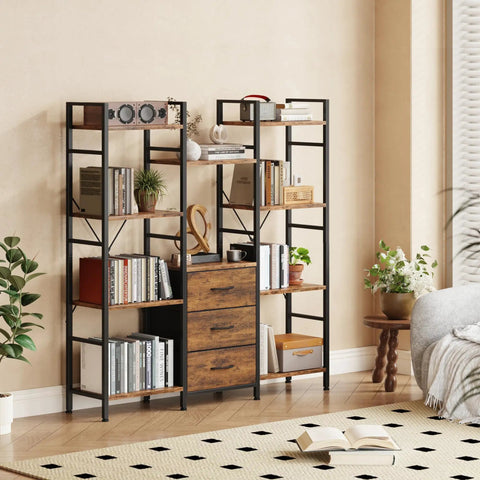 Industrial Rustic 47 Inch Wide Bookcase With Ten Display Shelves And Hidden Fabric Drawers in living room setting