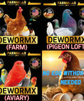 Image of DewormX products featuring pigeons and chickens. Includes "No Egg Withdrawal" text and Made in USA badges.