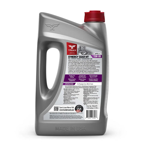 Synergy Gear MT 75W-80 GL-4 full synthetic manual transmission fluid one gallon container with detailed label