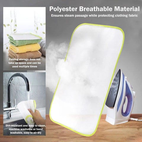 Polyester 10 Pack Mesh Ironing Cloths 24x16 Inches Large Pressing Pads in use with steam iron on board for delicates protection.