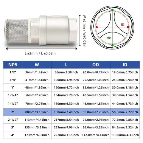 Foot Valve With Filter 2 Inch NPT Stainless Steel Bottom Valve Spring Vertical Check Valve dimensions table