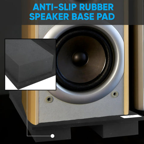Sound Dampening Speaker Riser Foam Platform Pro Grade for Studio Monitors with rubber base pad, close-up view with speaker.