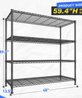 Extra Wide 4 Tier Storage Rack With 800 Lbs Capacity Adjustable Shelves Black Metal Shelf Unit For Garage Closet Kitchen Utility And Bulk Storage Heavy Duty Steel Construction For Long Lasting Use, 59.4H x 45W x 13.5D