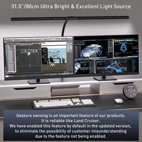 31.5 Inch Wide Gesture Sensor Desk Lamp for Home Office and Multi Monitor Setups above dual screen setup