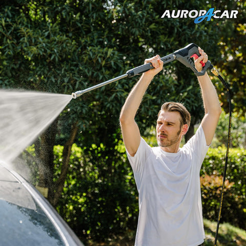 Man using Pressure Washer Gun With 360 Degree Swivel Heavy Duty Labor Saving for car cleaning outdoors.