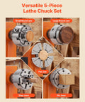 Built Tough 4 Inch Wood Lathe Chuck 4 Jaw Self Centering Bevel Gear Set With 1 Inch 8 TPI Thread And Adapter showing 5 jaw types