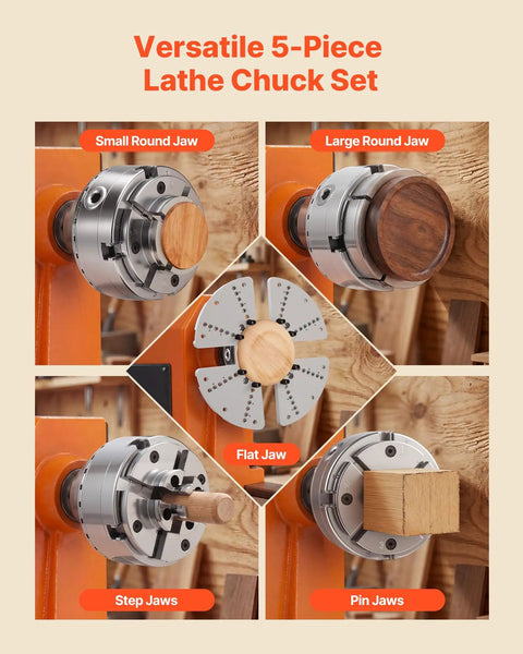 Built Tough 4 Inch Wood Lathe Chuck 4 Jaw Self Centering Bevel Gear Set With 1 Inch 8 TPI Thread And Adapter showing 5 jaw types