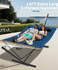 12Ft Two Person Quilted Outdoor Hammock With Stand Detachable Pillow And Bamboo Spreaders Chill Out Hammock Portable Navy Blue