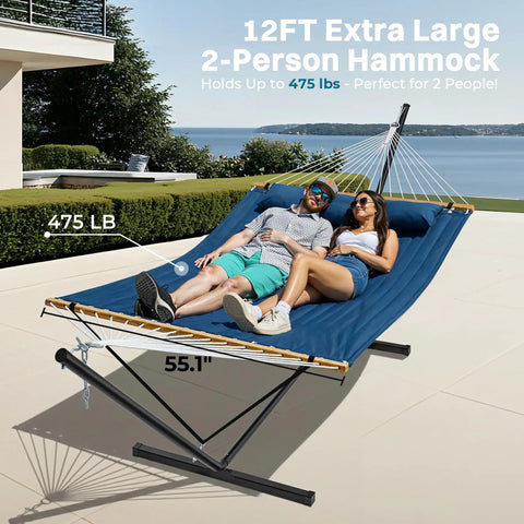 12Ft Two Person Quilted Outdoor Hammock With Stand Detachable Pillow And Bamboo Spreaders Chill Out Hammock Portable Navy Blue
