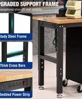 Adjustable Garage Workbench With Rubber Wood Top Heavy Duty Steel Frame Five Height Settings From About Thirty To About Thirty Eight Inches Built In Power Outlets Leveling Feet 1500 Lb Load Capacity For Your Home Workshop, showing sturdy steel frame and power strip