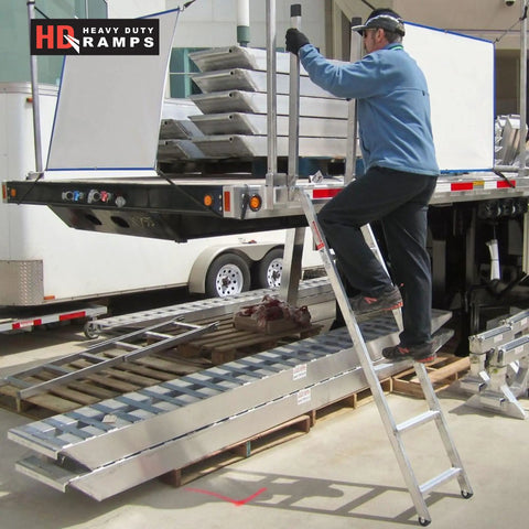 Heavy Duty Aluminum Truck Step Deck Ladder For 54 To 66 Inch Trailer Beds, 72 Inch Long Yet Lightweight At About 20 Pounds, 375 Pound Capacity, Folds Upright For Easy Storage On Jobsites, worker climbing trailer
