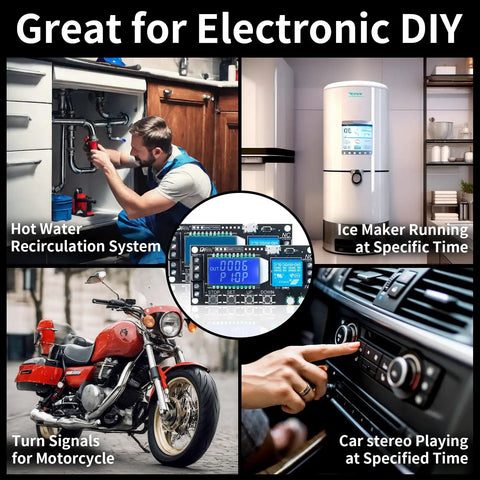 Image showing Time Delay Relay Module Dual Pack for DC 5V 12V 24V with LCD Display, used in DIY automation projects like hot water, ice maker, motorcycle signals, and car stereo.