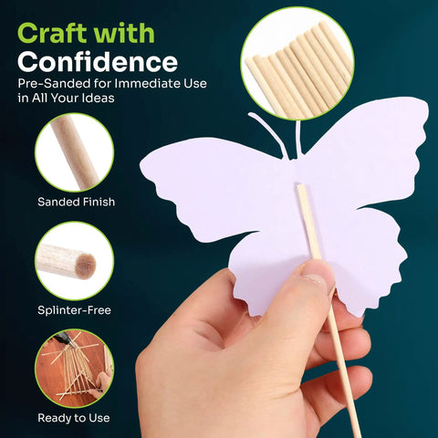 Premium Birch Wood Dowel Rods One Eighth By Six Inch Round Craft Sticks Featuring Slick Splinter Free Finish in use for crafting a butterfly.