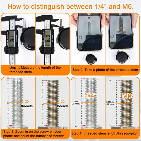 Diagram showing how to distinguish between 1/4-inch and M6 threaded stems with steps involving measurement and thread count.