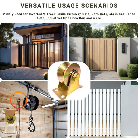 Heavy Duty V Groove Wheels For Sliding Gates Weld On Steel Rollers With Bracket Zinc Coated Track Pulleys 2 Inch Gate Casters, showing versatile usage for various gates.