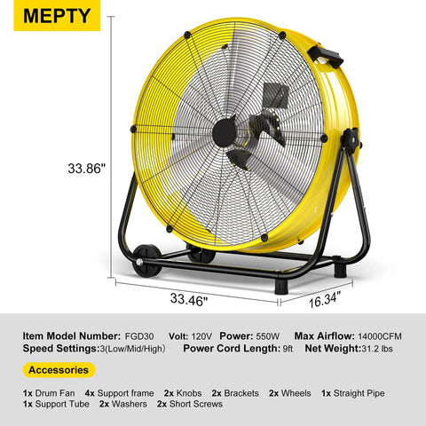 Beastly Industrial 30 Inch Drum Fan With 14000 CFM High Velocity Airflow, 550W, 3-Speed, yellow and black metal floor circulator.