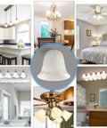 Six Pack Bell Shaped Alabaster Glass Shades for Ceiling Fans and Wall Lights, lipless design, collage of room installations.