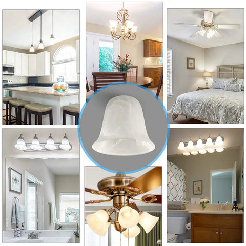 Six Pack Bell Shaped Alabaster Glass Shades for Ceiling Fans and Wall Lights, lipless design, collage of room installations.