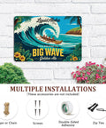 Vintage Hawaiian Big Wave Tin Sign With Outrigger Canoe, Palm Trees And Hibiscus In Turquoise And Gold Tones, Metal Wall Decor With Beachy Vibes For Bar Porch Patio Garden Kitchen Bedroom Gift 8x12 Inches