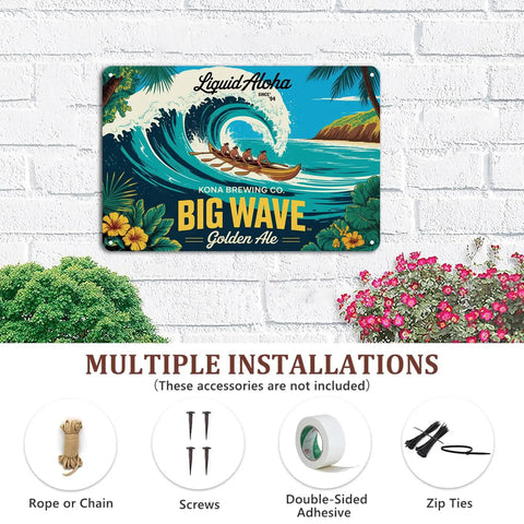 Vintage Hawaiian Big Wave Tin Sign With Outrigger Canoe, Palm Trees And Hibiscus In Turquoise And Gold Tones, Metal Wall Decor With Beachy Vibes For Bar Porch Patio Garden Kitchen Bedroom Gift 8x12 Inches