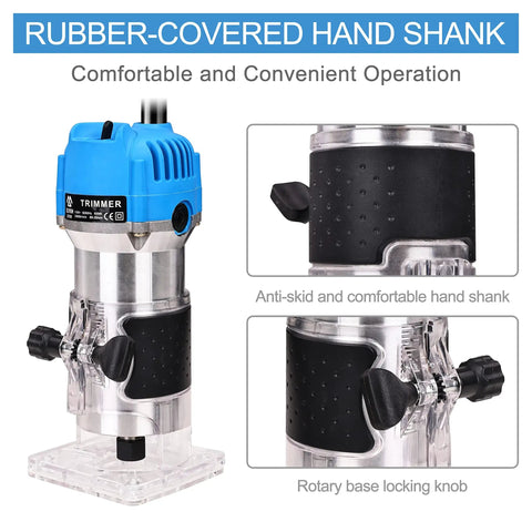 Pro Grade Palm Wood Router Kit With Edge And Roller Guides, 800W 110V Electric Trimmer with rubber hand shank