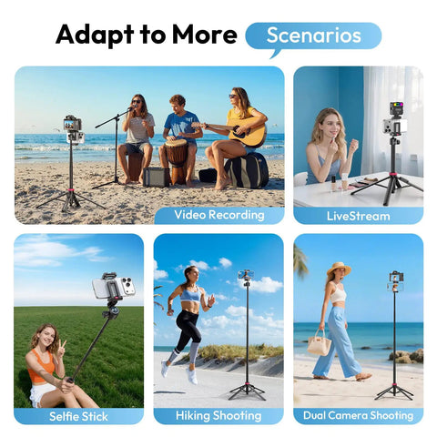 Auto Pop Open Phone Tripod With Remote in various settings: video recording, livestream, selfie, hiking, dual camera shooting.