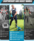 Three people using lawn equipment; center with Cordless Weed Wacker With 1300W Brushless Motor Delivers Up To 23000 RPM Includes 4 Blade Types.