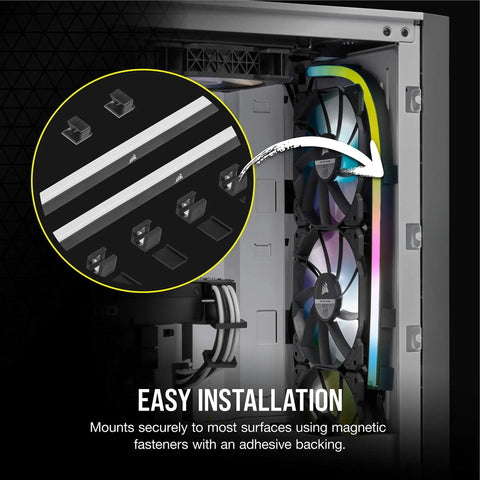 Image of two 350mm iCUE LS100 Smart Lighting Strips Expansion Kit installation in a PC case with close-up of magnetic fasteners.