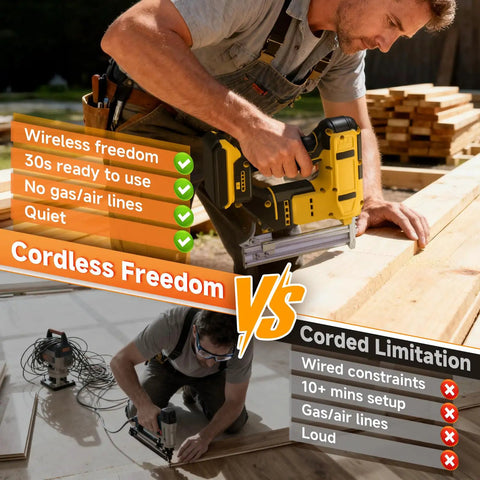 Ultimate 2-In-1 Cordless Brad Nailer And Stapler For Dewalt 20V Max Battery Powered Woodworking Tool in use vs corded tools.