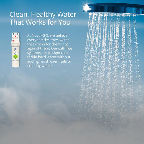 Citrus Based Salt Free Water Softener For Water Heaters And Appliances Prevents Hard Water Scale Buildup And Extends System Life In A Compact Eco Friendly Package next to shower head with flowing water