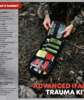 Open black Advanced Trauma First Aid Kit with tourniquet and 36-inch folding splint; outdoor ground scene