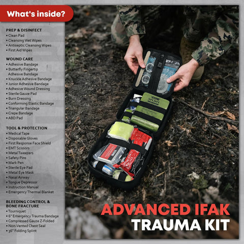 Open black Advanced Trauma First Aid Kit with tourniquet and 36-inch folding splint; outdoor ground scene