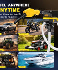 Grab And Run Cordless Fuel Transfer Pump With Smart Auto Shutoff And Slick Hand Trigger Nozzle Battery Powered Plus 12V Plug For Gas Or Diesel Heavy Duty Garage Rig with yellow nozzle, shown with cars, motorcycles, tractors, lawn mowers, generators, and boats.