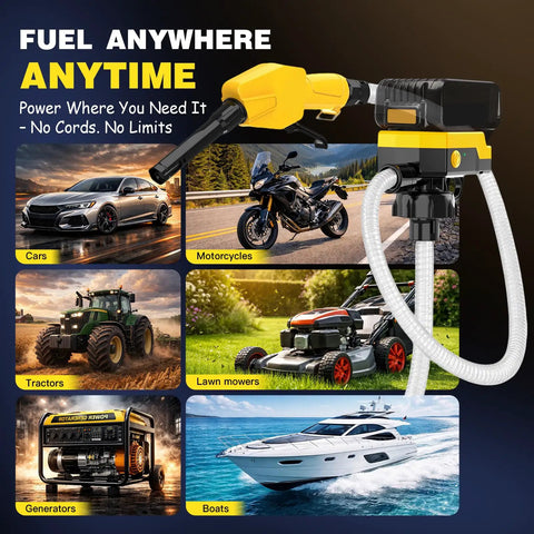 Grab And Run Cordless Fuel Transfer Pump With Smart Auto Shutoff And Slick Hand Trigger Nozzle Battery Powered Plus 12V Plug For Gas Or Diesel Heavy Duty Garage Rig with yellow nozzle, shown with cars, motorcycles, tractors, lawn mowers, generators, and boats.