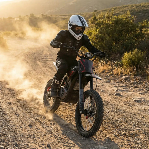 Rider on EM5 Pro 60V Electric Dirt Bike With Light And Display Off Road Motorcycle 5600W Power kicking up dust on trail