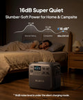 Elite 200 V2 Portable Power Station With 2073.6Wh LFP Battery in a bedroom setting with noise level comparison chart.