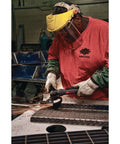Worker using Straight Up Smooth Running 4 Inch Angle Air Grinder With Speed Governed Motor And Rear Exhaust Cutout 13500 Rpm 1 Horsepower.