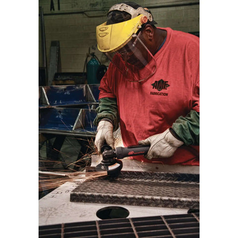 Worker using Straight Up Smooth Running 4 Inch Angle Air Grinder With Speed Governed Motor And Rear Exhaust Cutout 13500 Rpm 1 Horsepower.