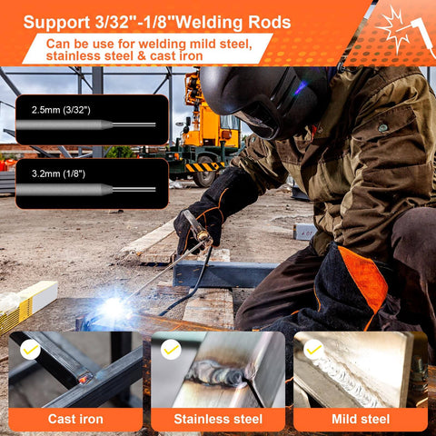 Person using 200 Amp Stick Welder 110V Portable Inverter with synergic control and digital display for on-site metal fabrication