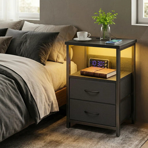 LED Nightstand With Charging Station, USB Ports And Outlets, Dope RGB Color Changing LED Night Light, Built In Storage Drawers, Space Saving Bedside Table For Small Rooms, Modern Black Finish next to bed