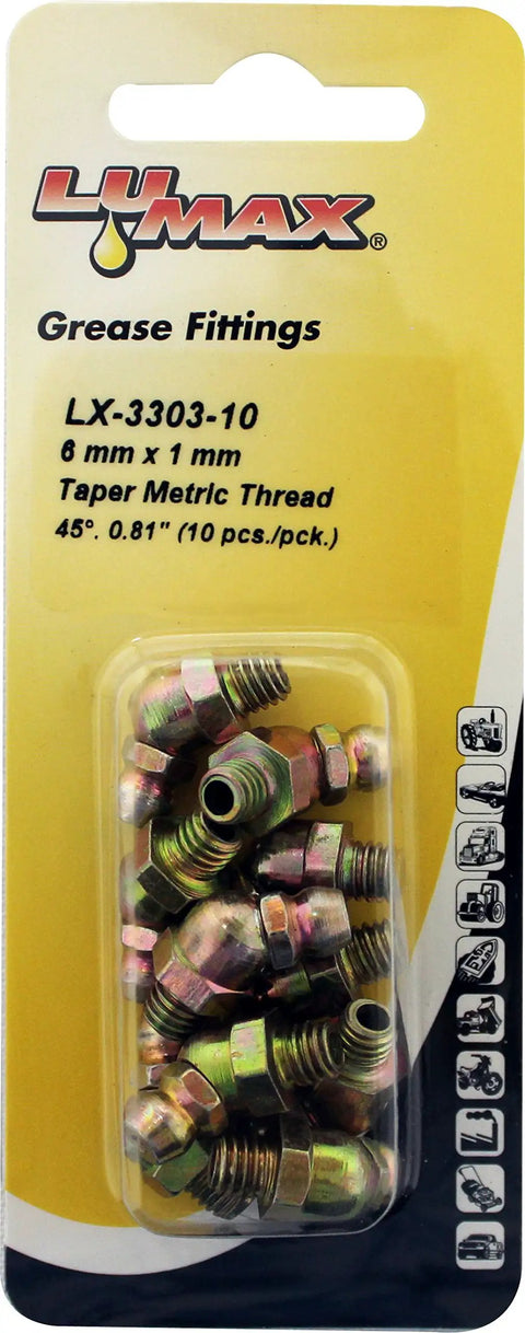 6 Mm X 1 Mm 45 Degree Grease Fittings With Ball Check, Zinc Plated, Beefy Heavy Duty Pack Of 10 on product packaging